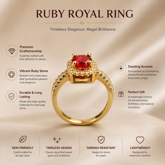 Ruby Royal Ring for Women – Gold-Tone Ruby Gemstone Statement Ring