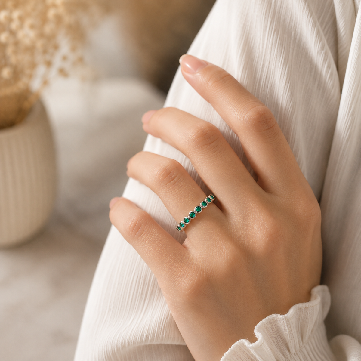 Emerald Stacking Ring for Women – Sterling Silver Green Gemstone Ring