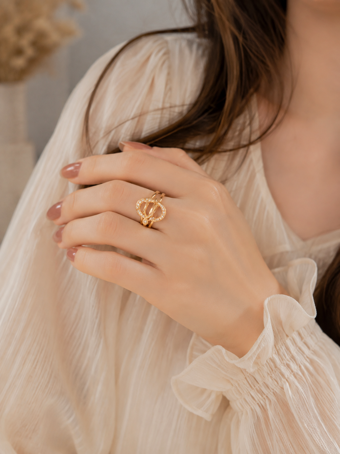 Gold Plated Zircon Ring for Women – Elegant Double Loop Statement Ring