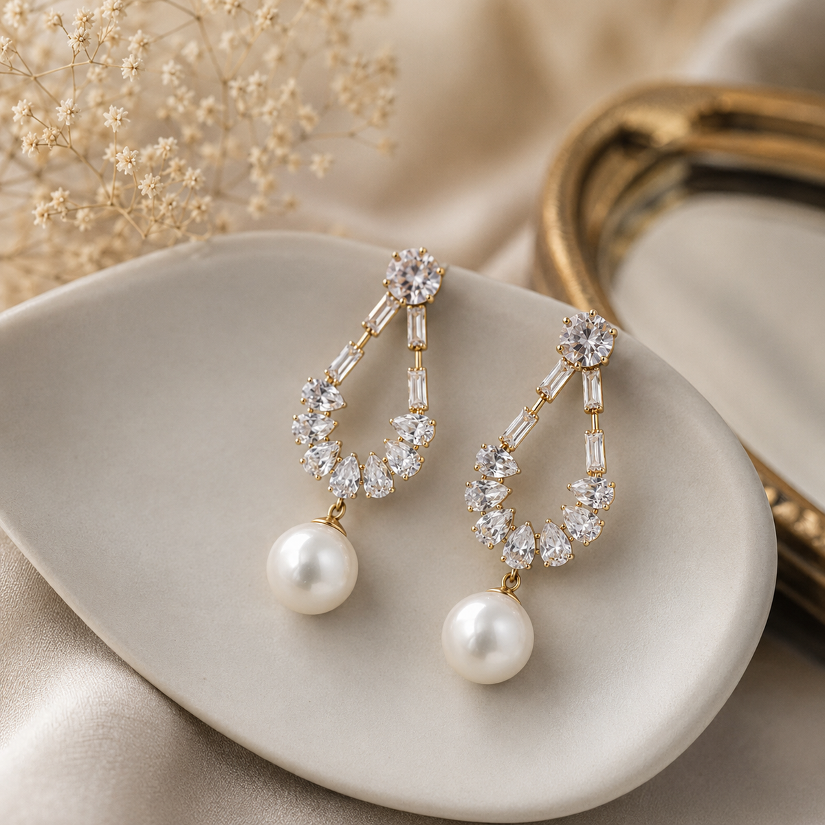 Elegant Pearl Drop Earrings for Women – Crystal & CZ Gold-Tone Statement Earrings