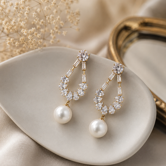 Elegant Pearl Drop Earrings for Women – Crystal & CZ Gold-Tone Statement Earrings