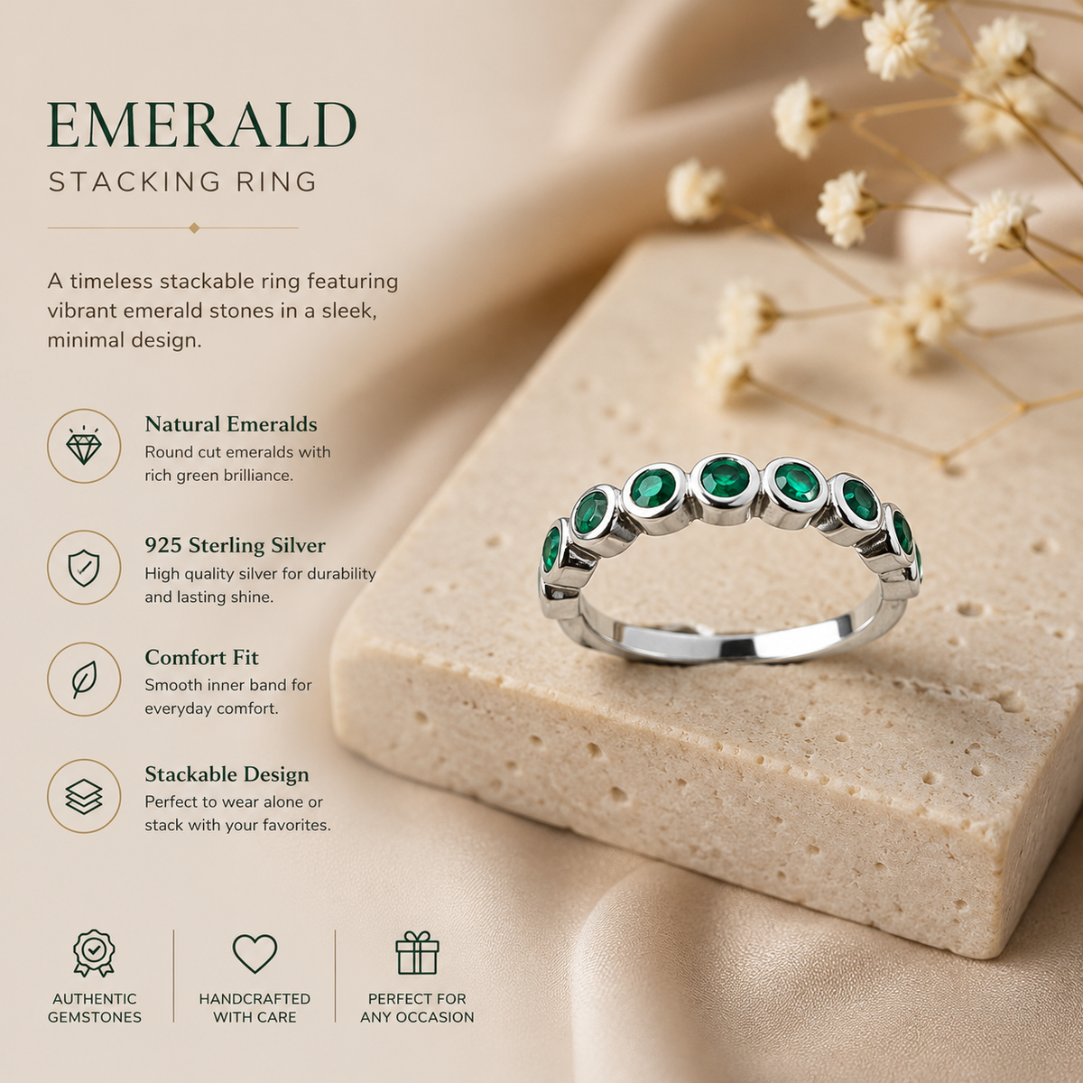 Emerald Stacking Ring for Women –  Sterling Silver Green Gemstone Ring