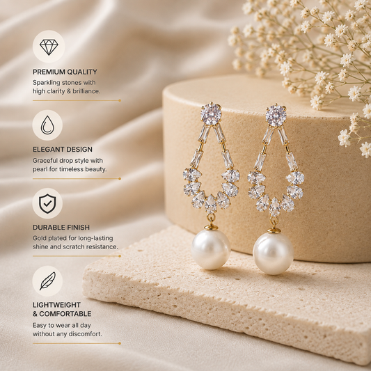 Elegant Pearl Drop Earrings for Women – Crystal & CZ Gold-Tone Statement Earrings