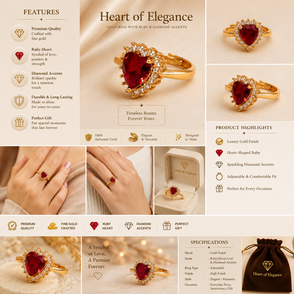 Heart of Elegance – Ruby Heart Gold Ring