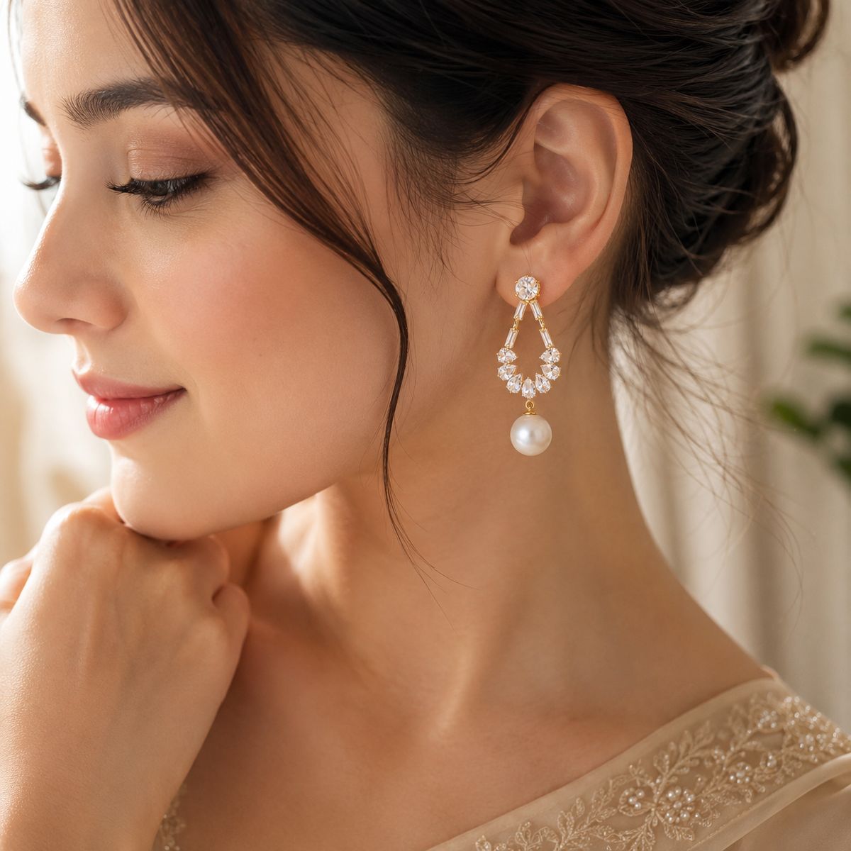 Elegant Pearl Drop Earrings for Women – Crystal & CZ Gold-Tone Statement Earrings