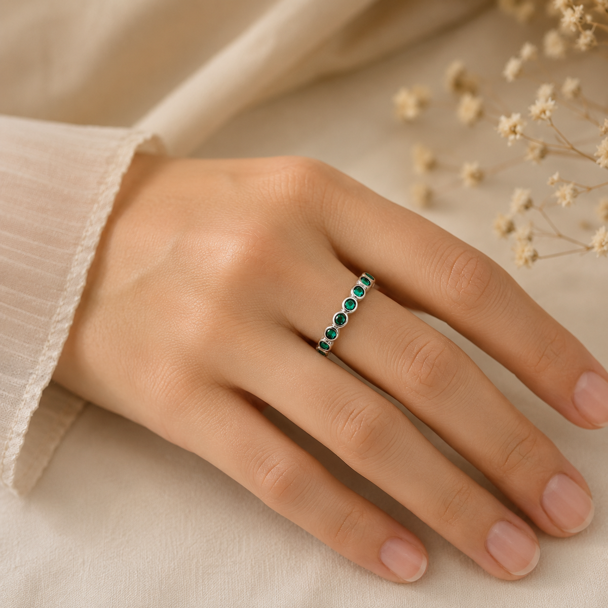 Emerald Stacking Ring for Women –  Sterling Silver Green Gemstone Ring