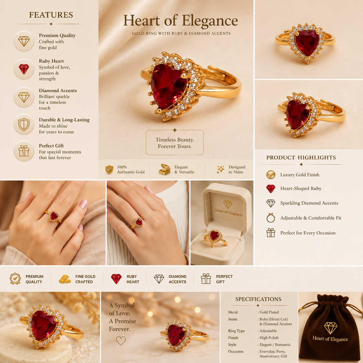 Ruby Heart Ring for Women – Gold-Tone Heart-Shaped Red Gemstone & Crystal Ring