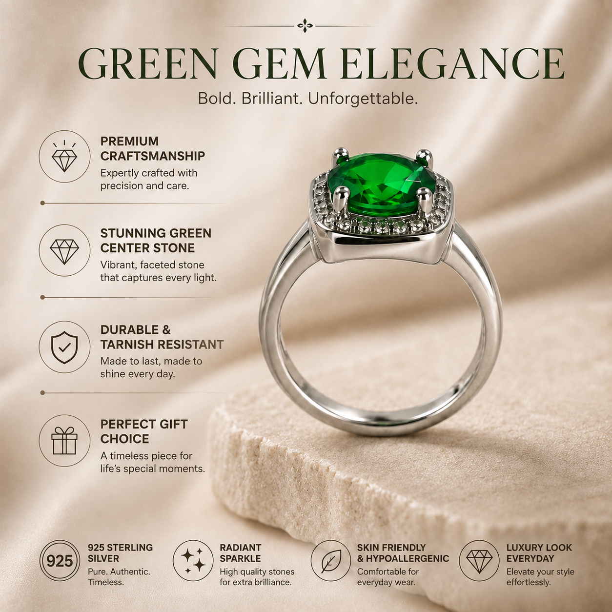 Green Gem Elegance Ring - Free Size