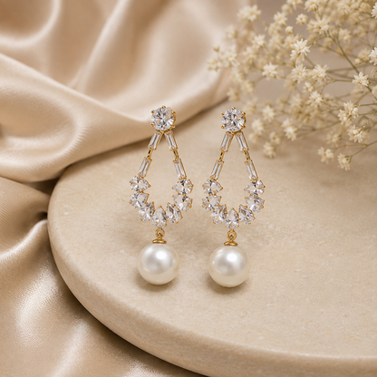 Elegant Pearl Drop Earrings for Women – Crystal & CZ Gold-Tone Statement Earrings