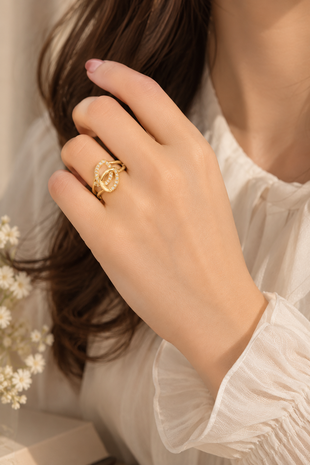 Gold Plated Zircon Ring for Women – Elegant Double Loop Statement Ring