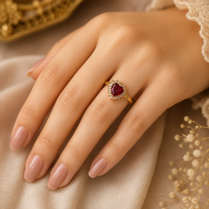 Heart of Elegance – Ruby Heart Gold Ring