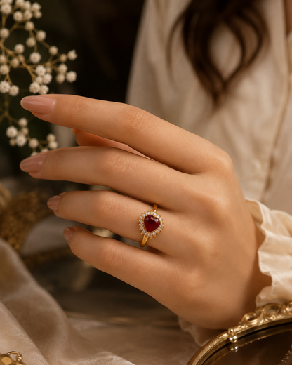 Heart of Elegance – Ruby Heart Gold Ring