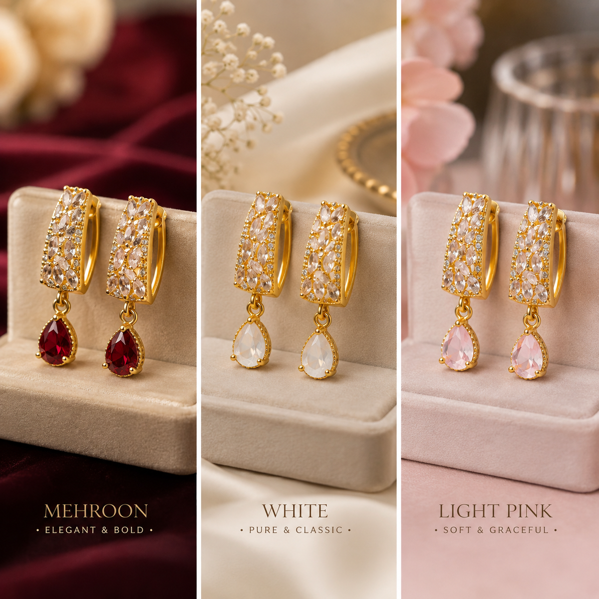Elegant Gold-Tone Gemstone Drop Hoop Earrings for Women – 3 Variants