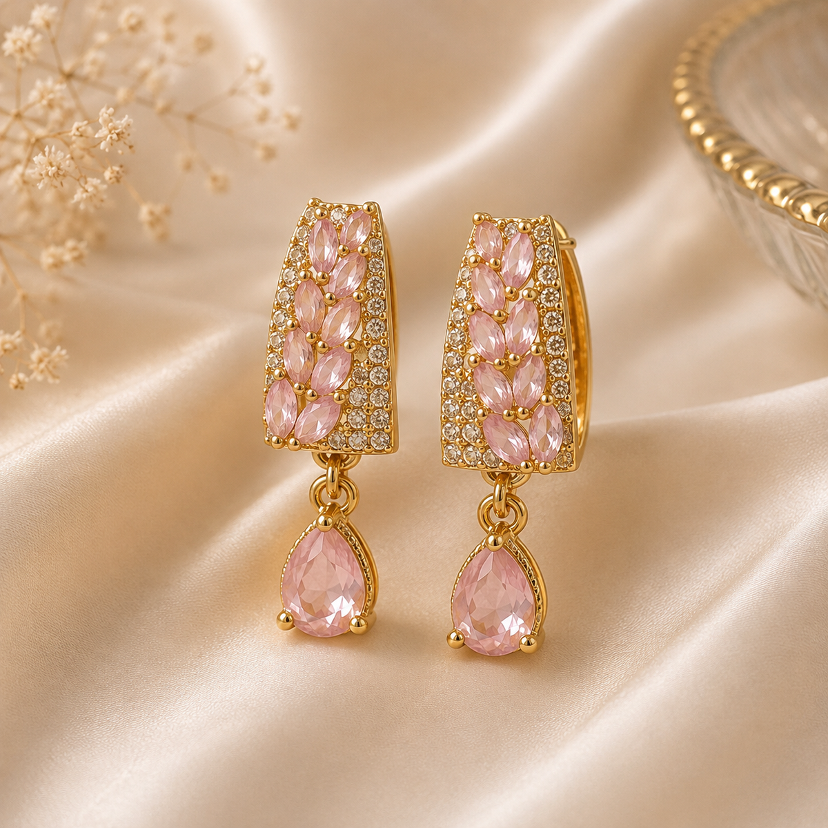 Elegant Gold-Tone Gemstone Drop Hoop Earrings for Women – 3 Variants